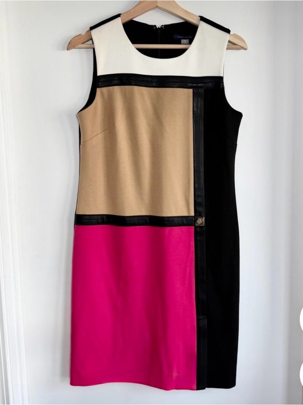 Tommy Hilfiger color block sheath cocktail pink tan faux leather trim hardware